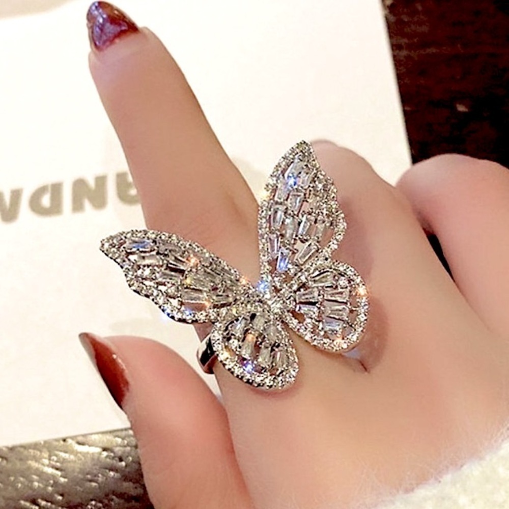 WHITE GOLD PLATED ZIRCON BUTTERFLY RING - Picture 4 of 16